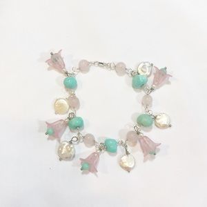 MINT GREEN, PINK, & PEARL LUCITE FLOWER BRACELET